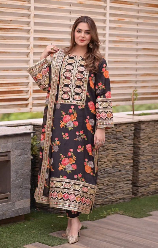 Aneela’s 3-Piece Silk Suit – Blue Black | Heavy Embroidered Unstitched Dress