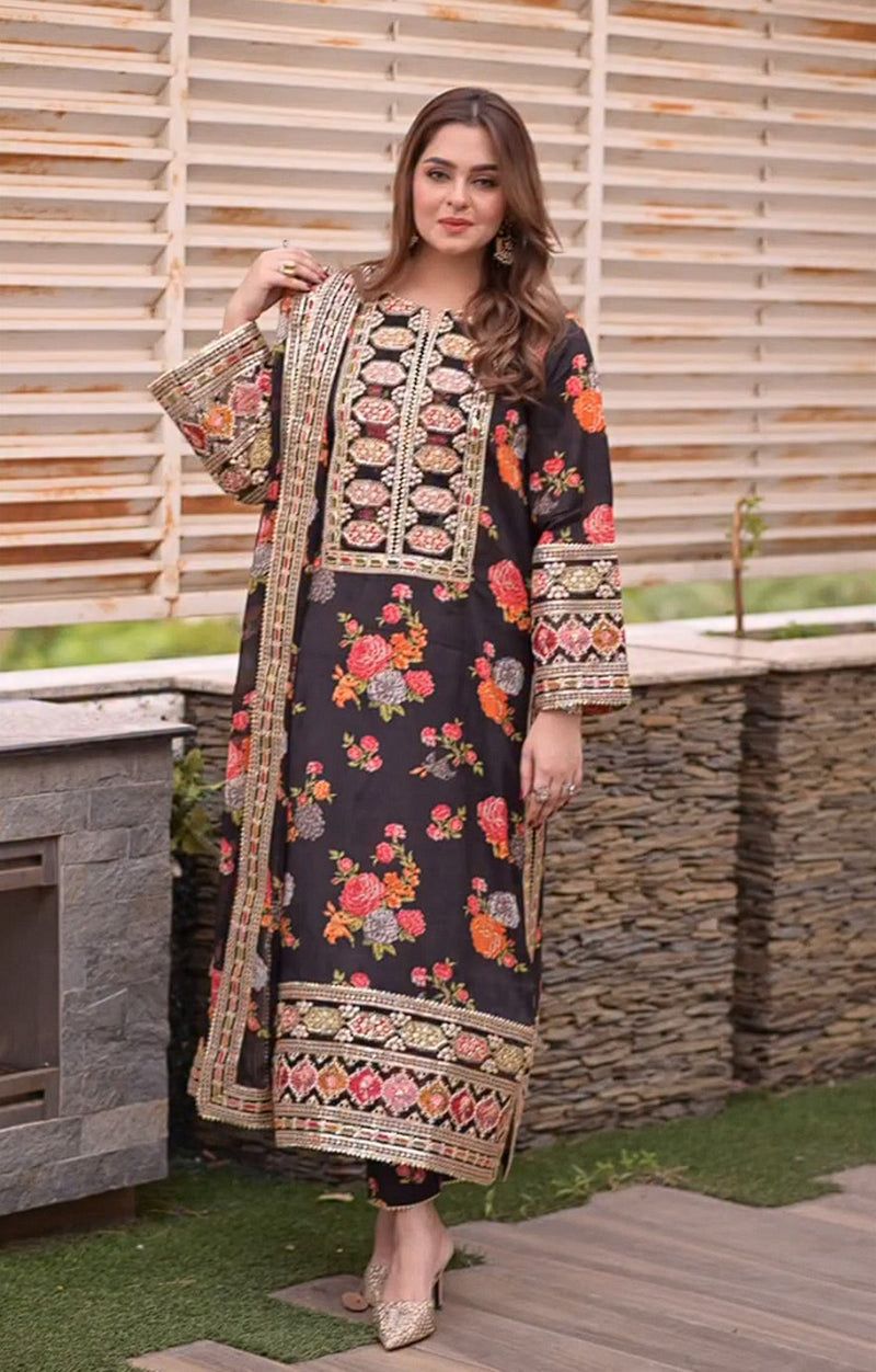 Aneela’s 3-Piece Silk Suit – Blue Black | Heavy Embroidered Unstitched Dress