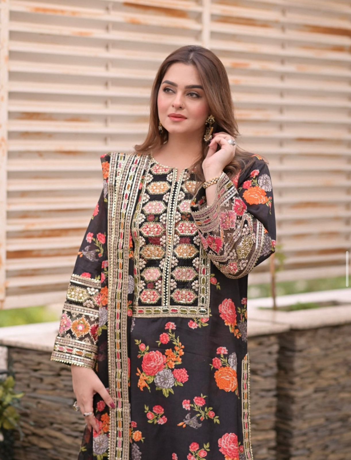 Aneela’s 3-Piece Silk Suit – Blue Black | Heavy Embroidered Unstitched Dress
