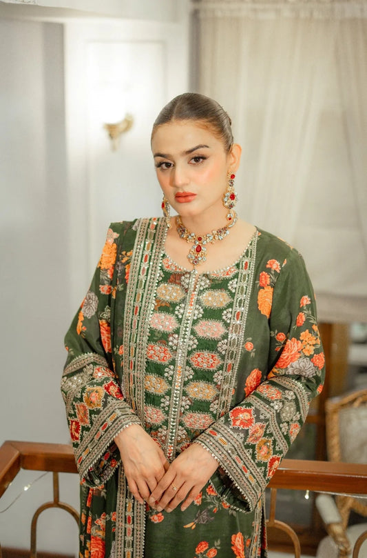 Aneelas (Original) Green 3pc Unstitched Silk Suit – Heavy Embroidered Shamoz Silk Dress for Women
