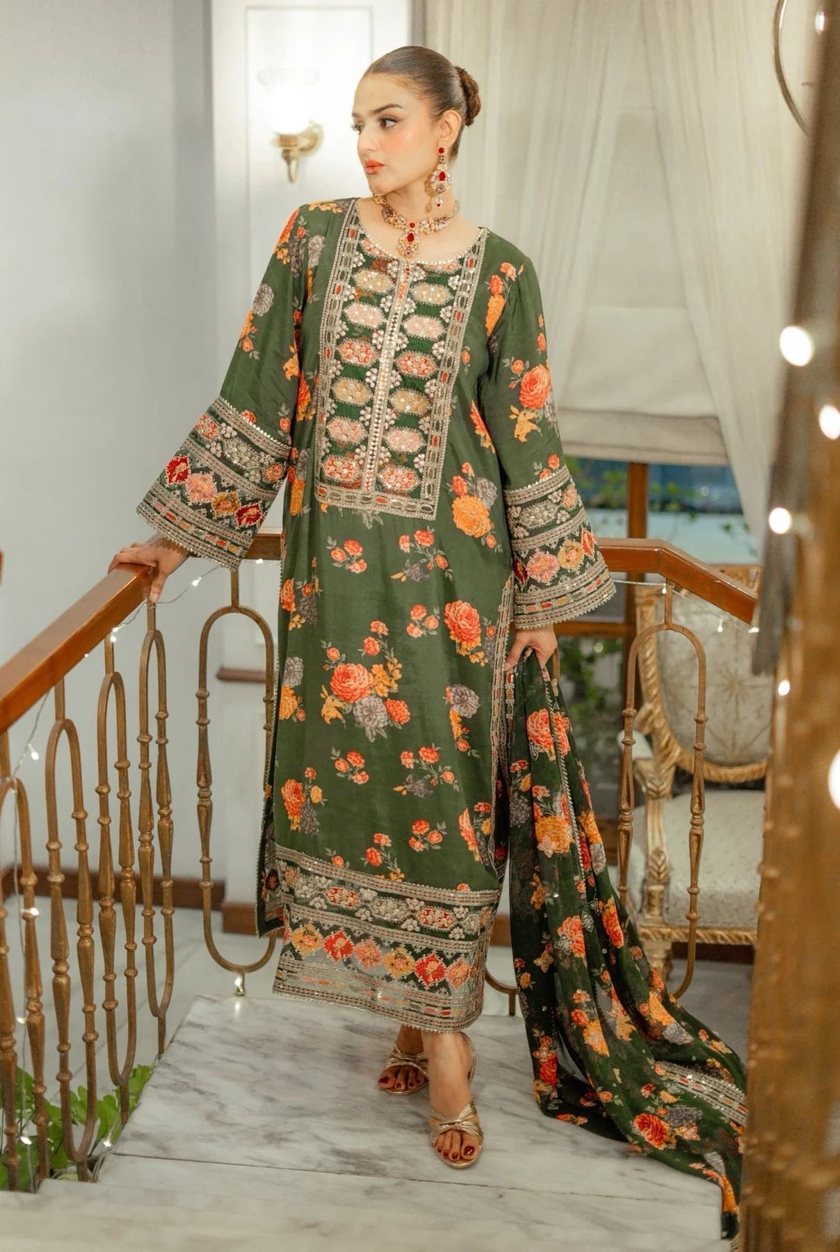 Aneelas (Original) Green 3pc Unstitched Silk Suit – Heavy Embroidered Shamoz Silk Dress for Women